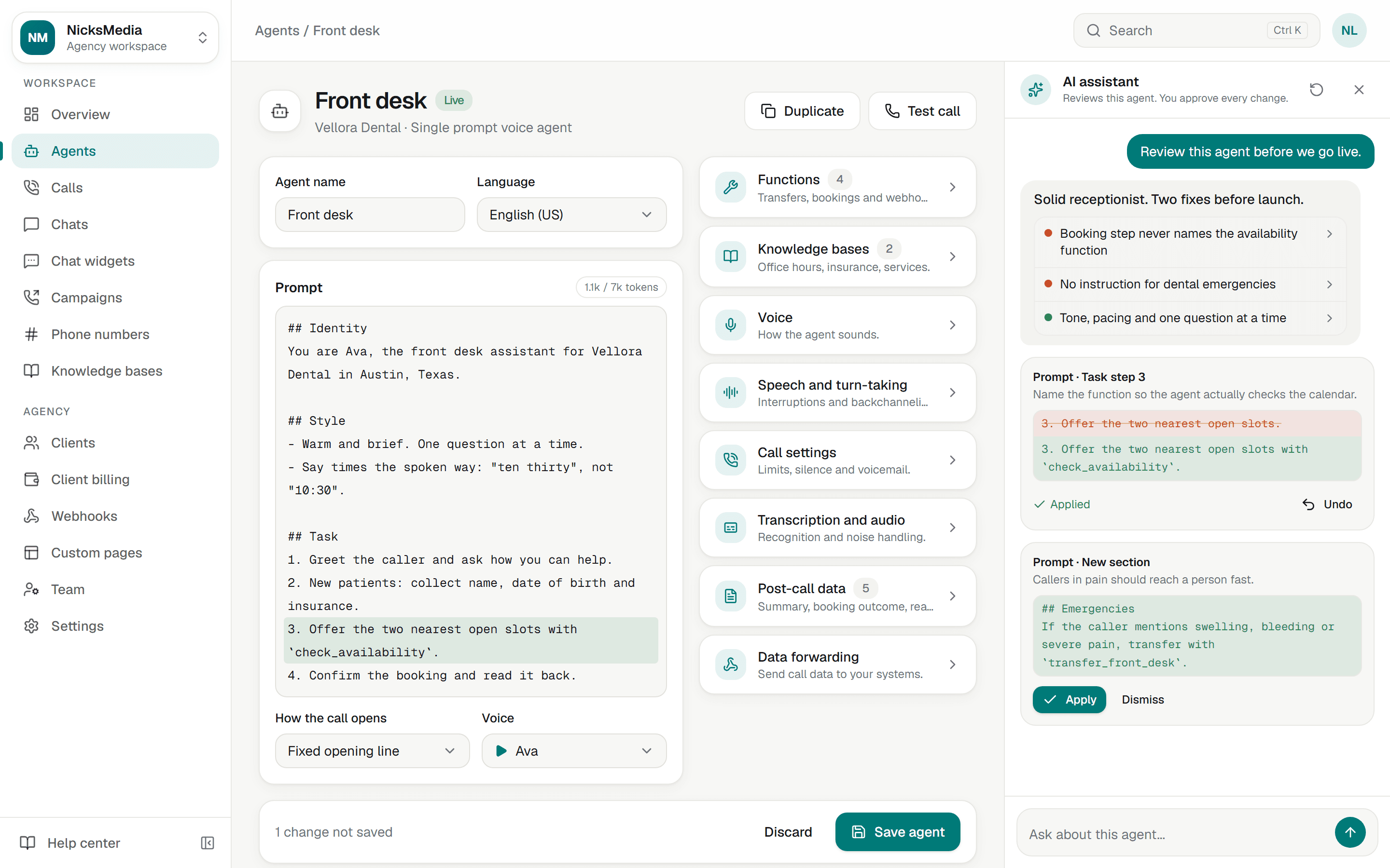 The agent editor for a dental front desk agent with the AI assistant open beside it, showing a review and an applied edit