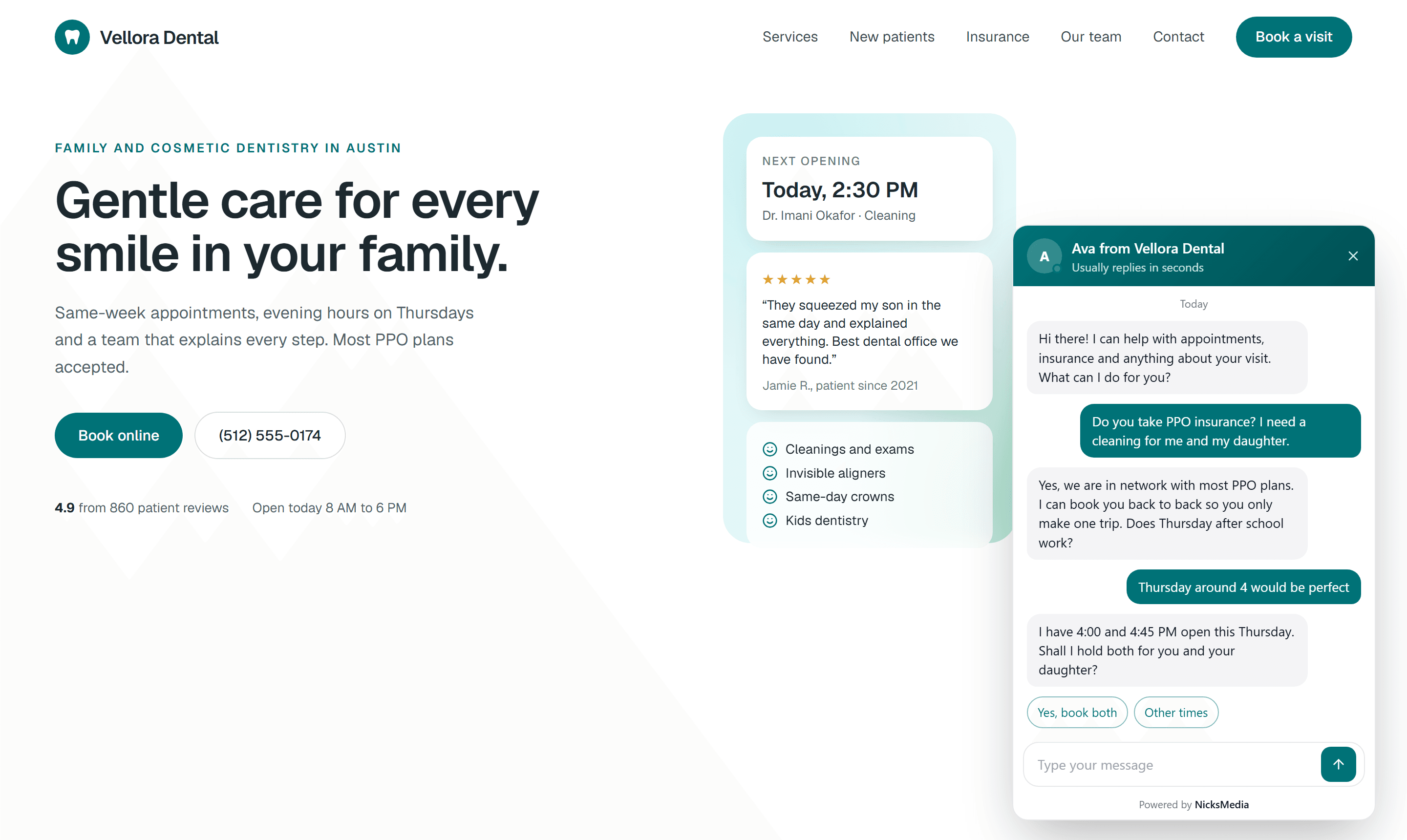 A dental practice website with the chat agent open, booking back to back cleanings for a parent and child